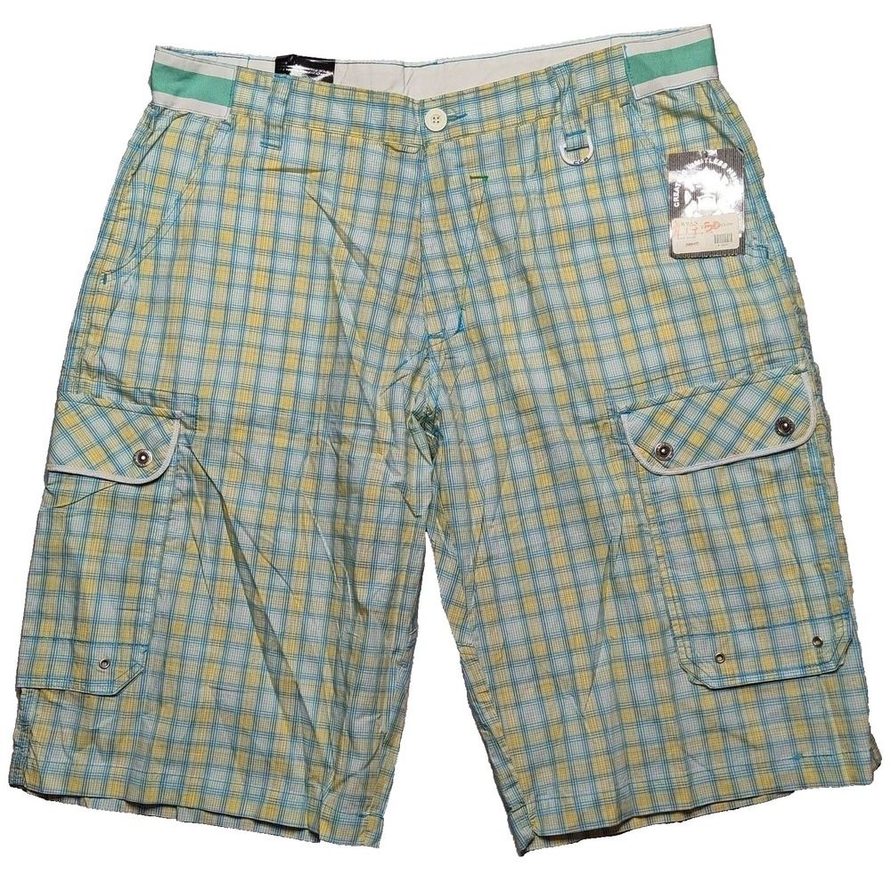 CLH Creating Limitless Heights  Men 42 Blue‎ Yellow Plaid 14" Cargo Shorts NEW